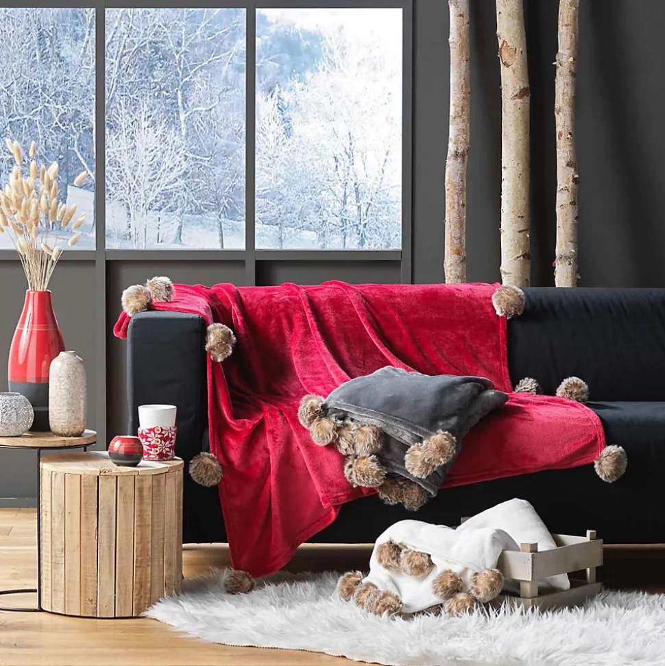 Plaid à pompons doux - 150 x 125 cm - Rouge