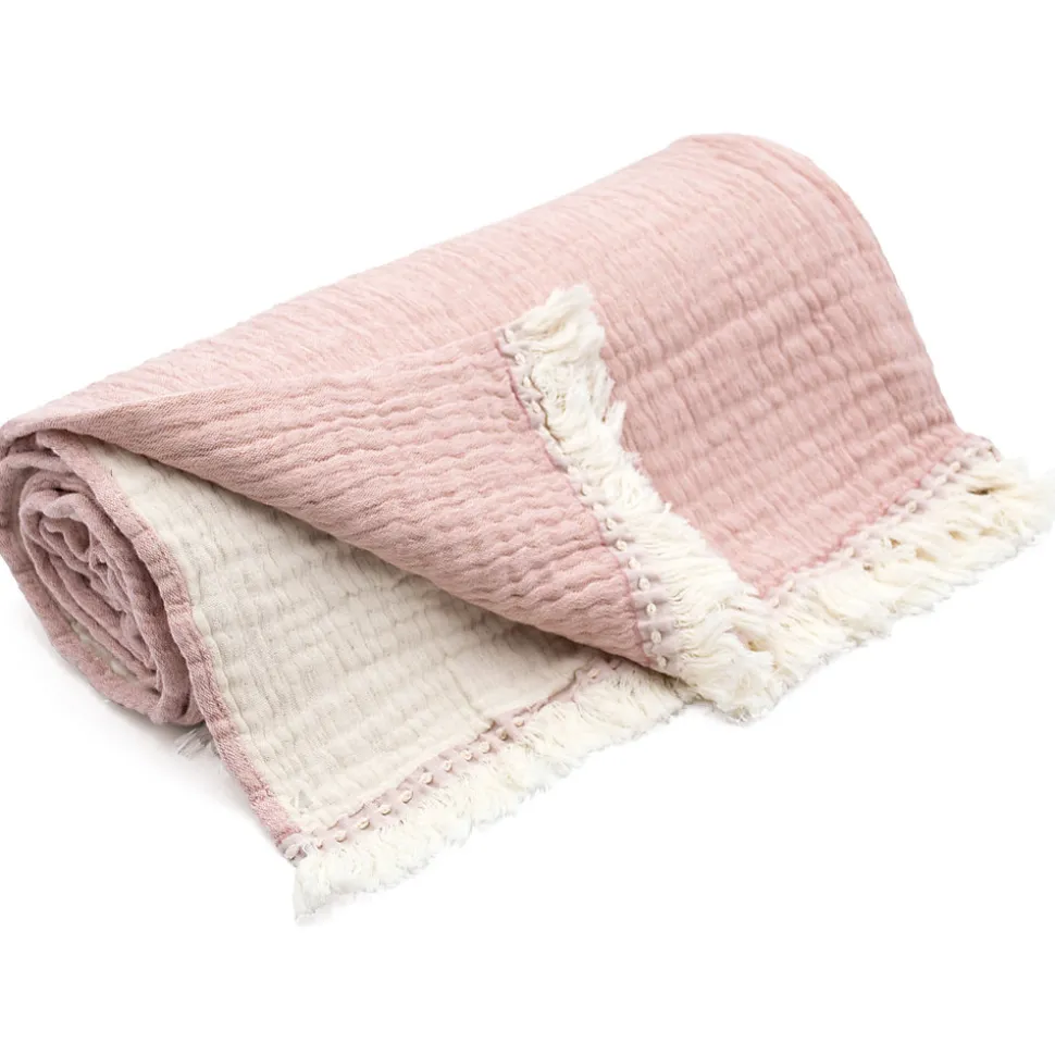 Plaid bi-colore 130x170 cm VENCE 100% gaze de coton rose thé