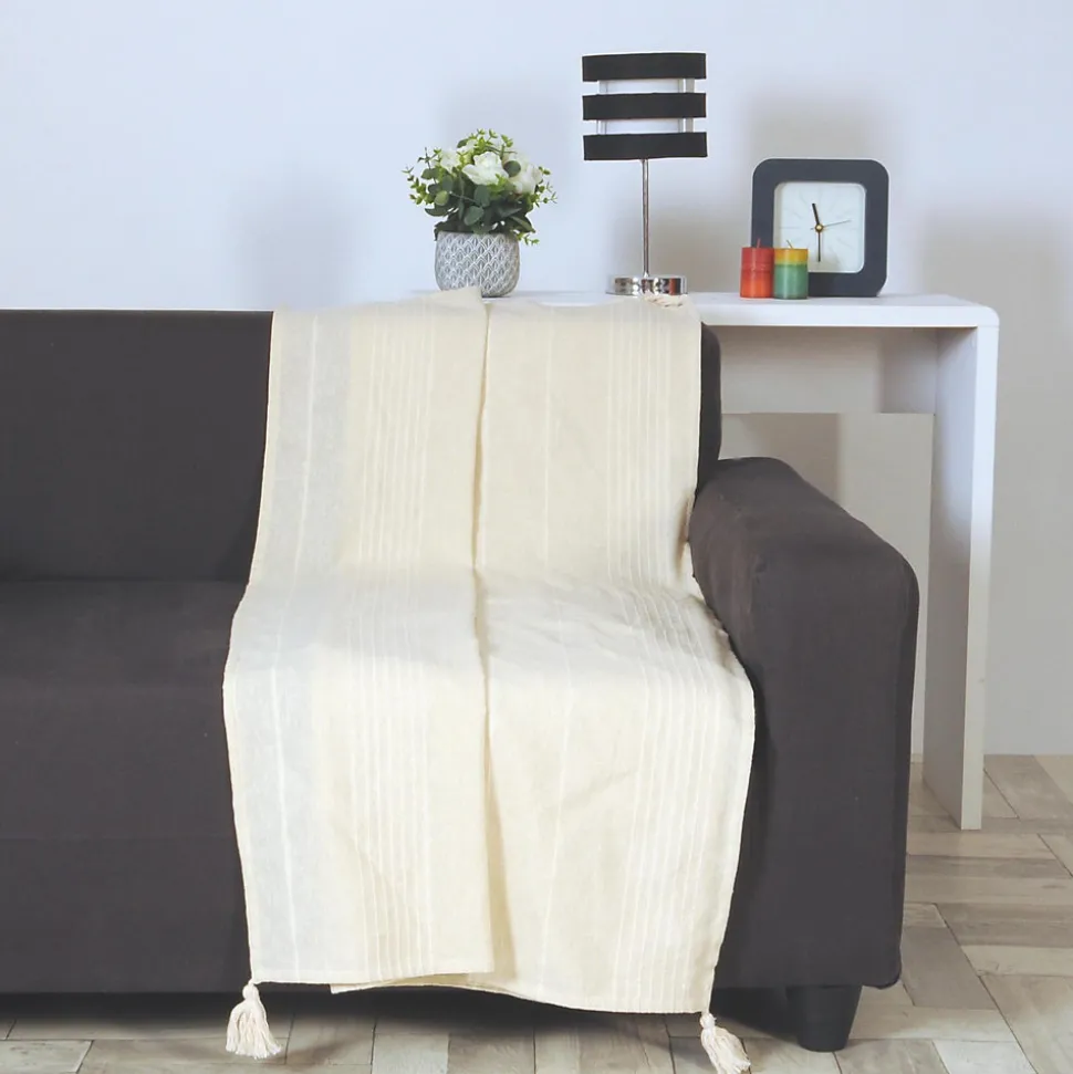Plaid coton recyclé écru avec pompons L.180 x l.130cm Dylrev