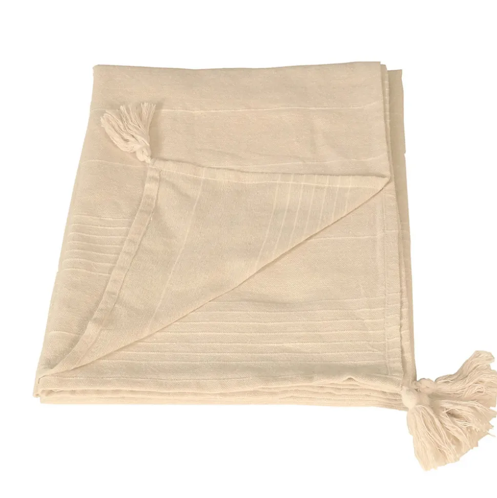 Plaid coton recyclé écru avec pompons L.180 x l.130cm Dylrev