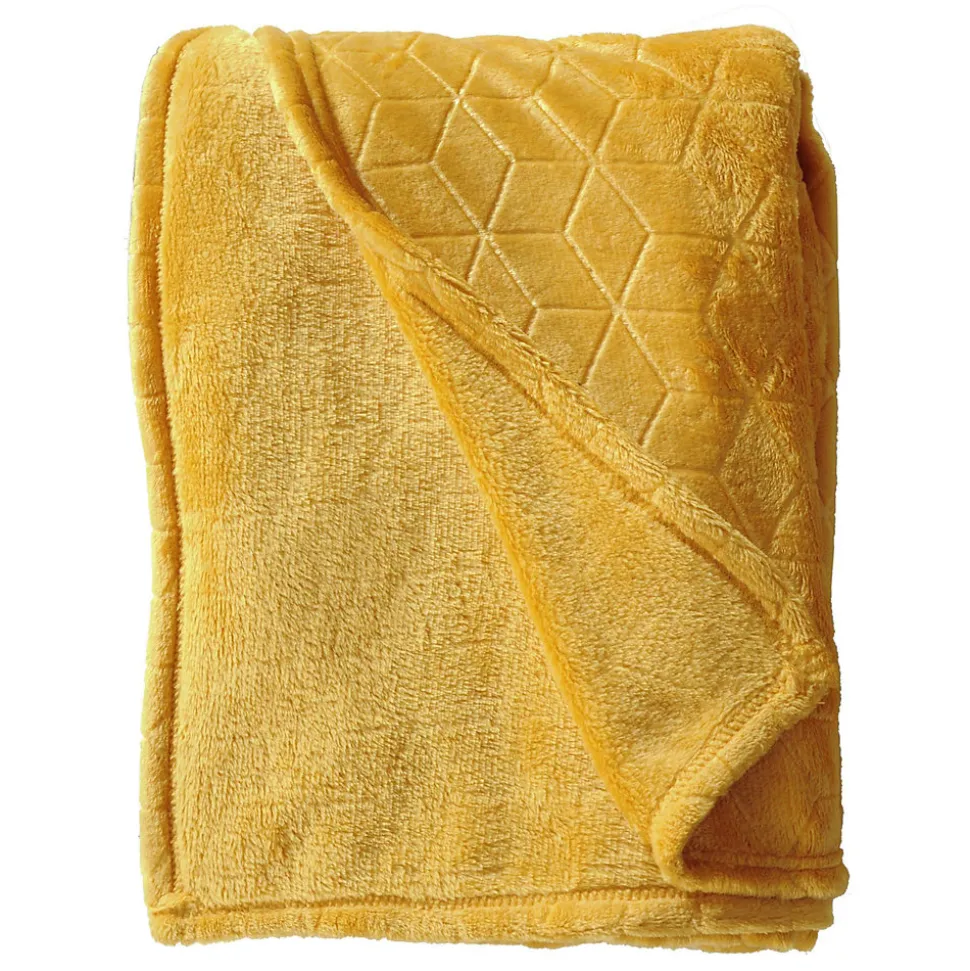 Plaid en Flanelle à Motif reliefé géométrique, 130x170cm, Ocre, Dylrev
