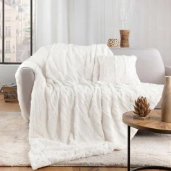 Plaid Imitation Fourrure et Sherpa 100% Polyester FOXY Certifié OekoTEX 180 x 220 cm Blanc