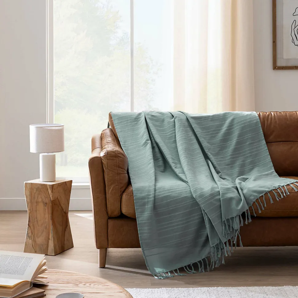 Plaid LILIA 240 x 220 cm 100 % coton Plaid à franges Sauge