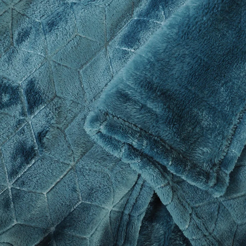 Plaid Polaire à Motif reliefé géométrique, 220x240cm, Bleu canard, Dylrev
