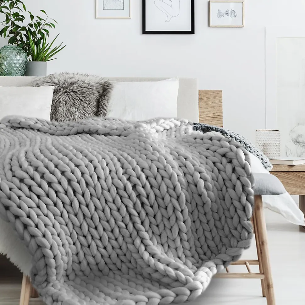 Plaid tricoté grosse maille 120x150 cm CHUNKY Gris