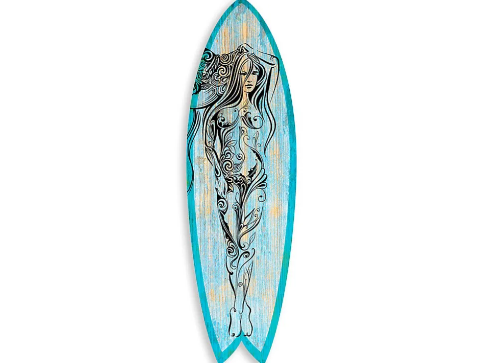 Planche de surf décorative, impression sur alu-dibond, déco murale, Planche de surf déco Woman Illustration, 100x30 cm