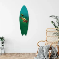 Planche de surf décorative, impression sur alu-dibond, déco murale, Planche de surf déco murale Tortue Marine, 100x30 cm
