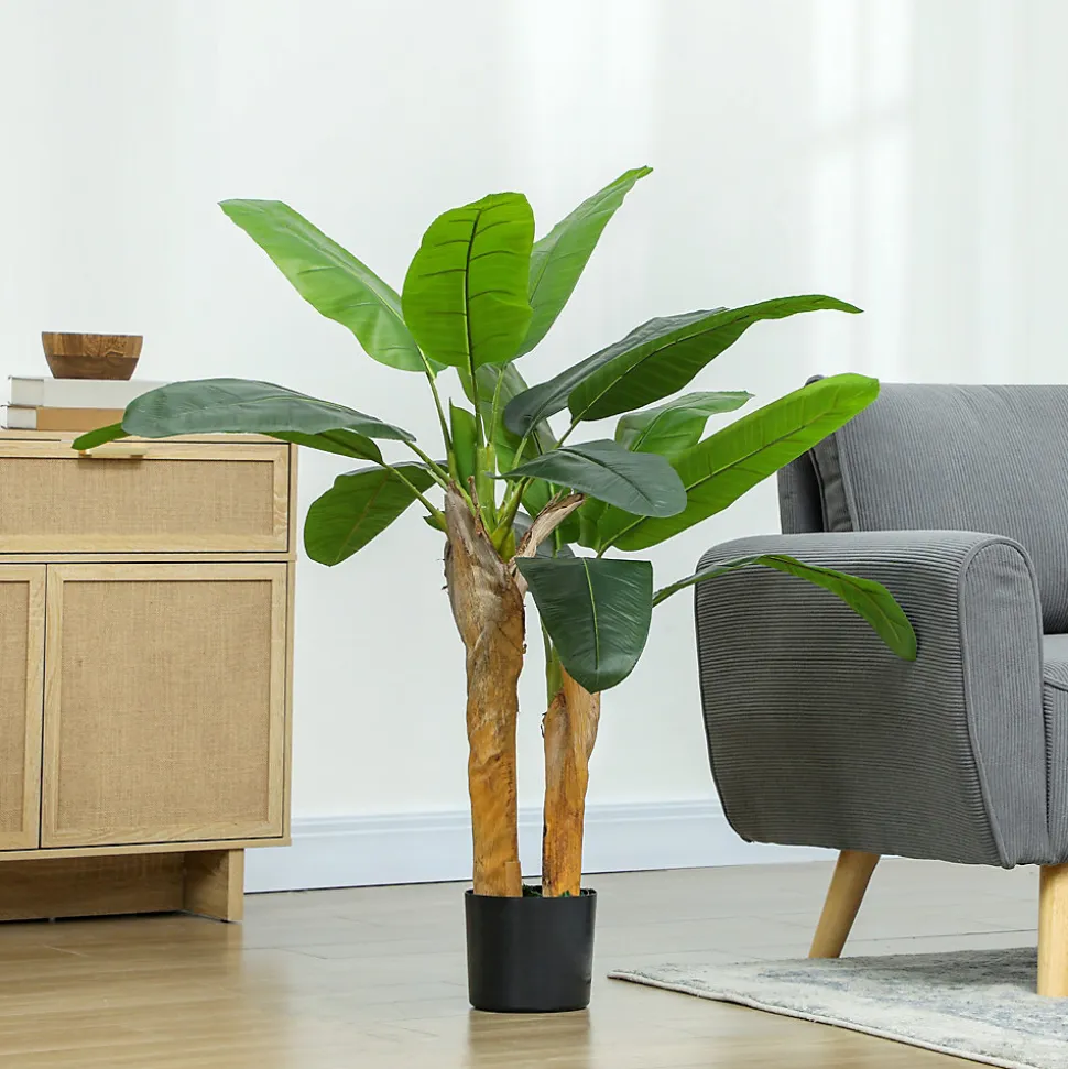 Plante artificielle bananier H.120 cm - grand réalisme - 15 feuilles - mousse effet lichen pots inclus