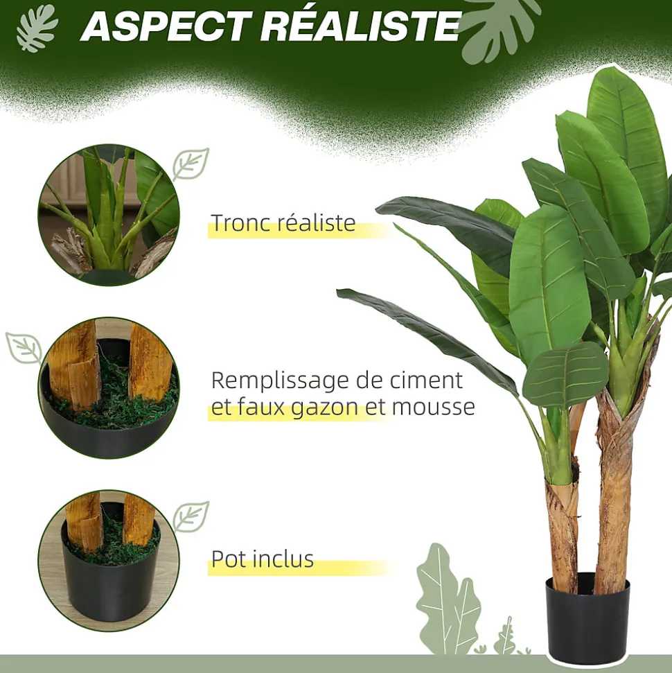 Plante artificielle bananier H.120 cm - grand réalisme - 15 feuilles - mousse effet lichen pots inclus