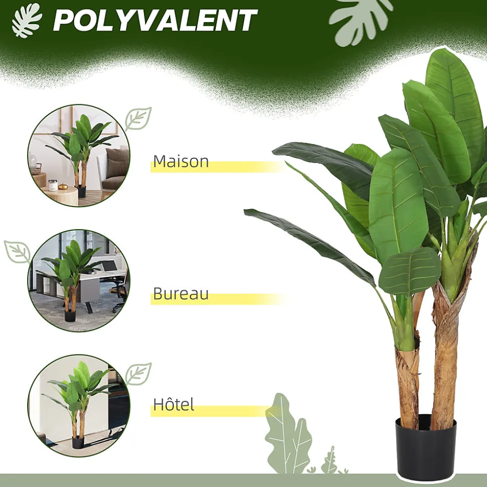 Plante artificielle bananier H.120 cm - grand réalisme - 15 feuilles - mousse effet lichen pots inclus