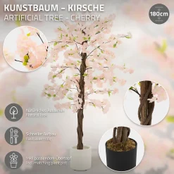 Plante artificielle cerisier ML-Design 180 cm en plastique avec pot pour intérieur et extérieur