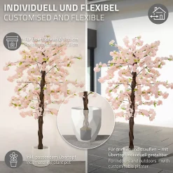 Plante artificielle cerisier ML-Design 180 cm en plastique avec pot pour intérieur et extérieur