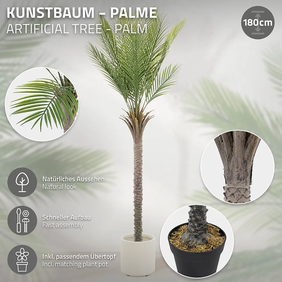 Plante artificielle palmier ML-Design 180 cm tropicale avec pot decor pour intérieur et extérieur