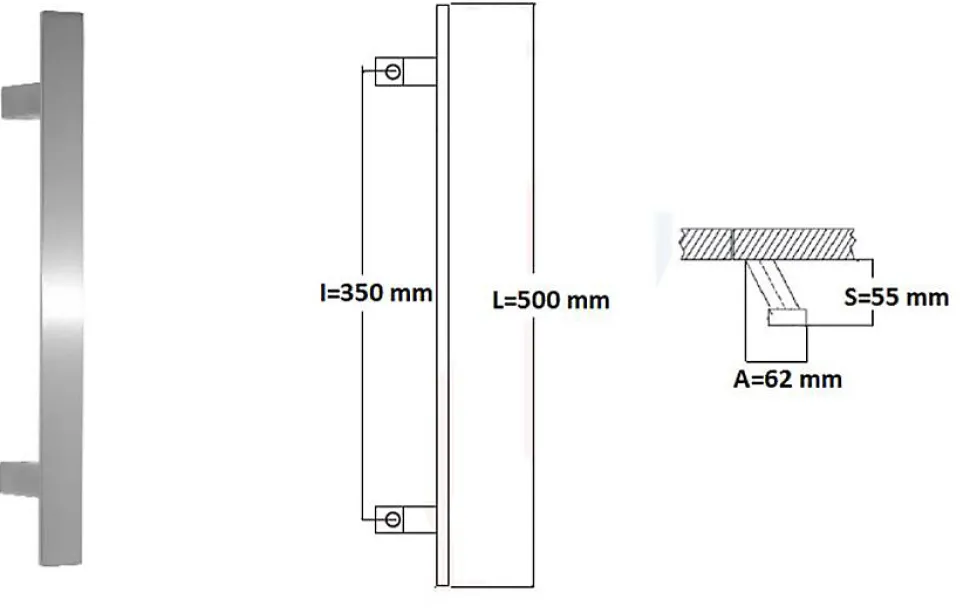 Poignée de tirage - inclinée 60 - Rectangle 40x10 mm - Entraxe350 - S55 -A62 - L500 mm - INOX 304 satiné