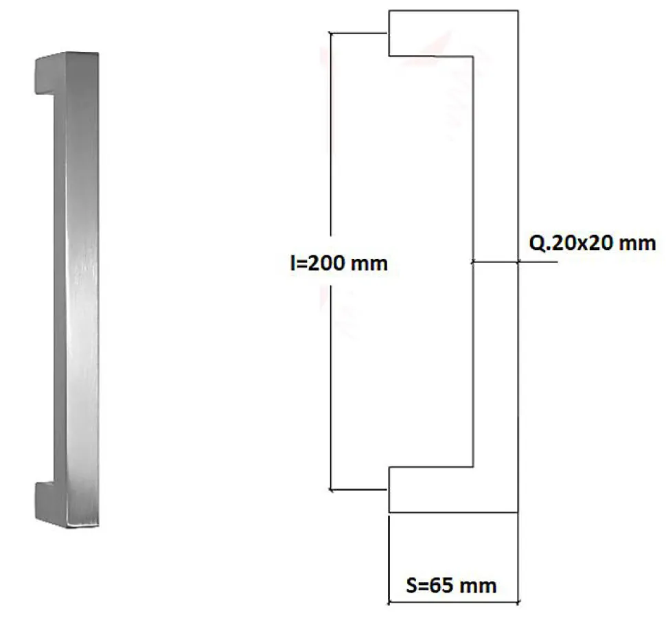 Poignée de tirage Carrée 20x20 mm - Entraxe200 mm - INOX 304 poli