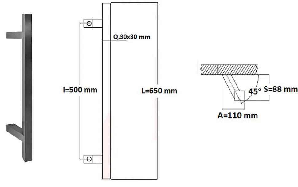 Poignée de tirage Carrée 30x30 mm - Entraxe500 - S90 - A75 - L650 mm - incliné 45 - INOX 304 poli