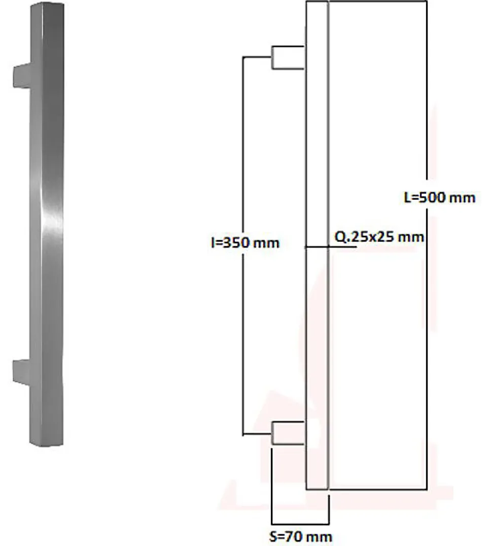 Poignée de tirage Carrée 25x25 mm - Entraxe350 - S70 - L500 mm - INOX 304 satiné