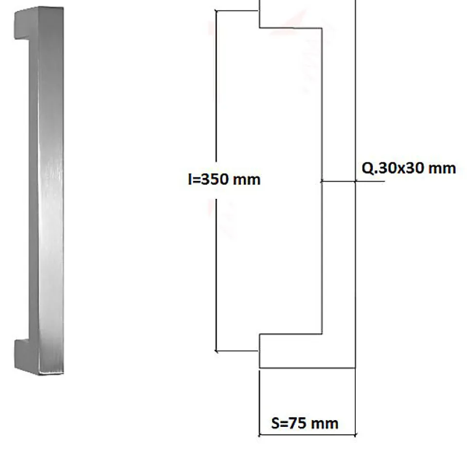 Poignée de tirage Carrée 30x30 mm - Entraxe350 mm - INOX 304 Laqué RAL 9005 Noir Mat