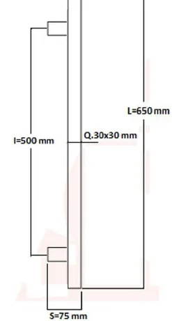 Poignée de tirage Carrée 30x30 mm - Entraxe500 - S75 - L650 mm - INOX 304 Laqué RAL 9005 Noir Mat