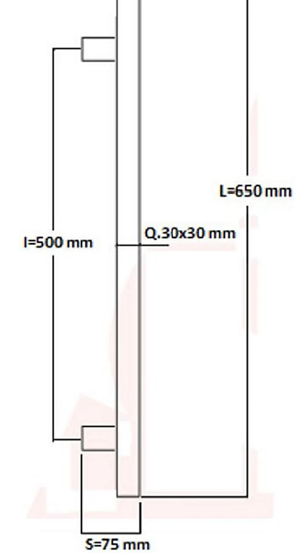 Poignée de tirage Carrée 30x30 mm - Entraxe500 - S75 - L650 mm - INOX 304 Laqué RAL 9005 Noir Mat