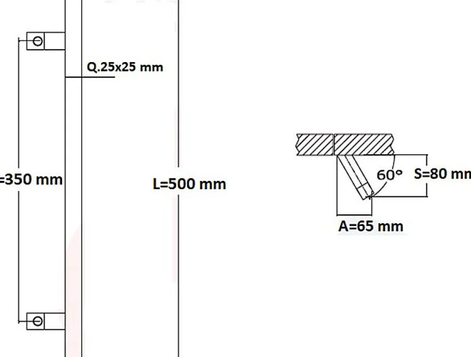 Poignée de tirage Carrée 25x25 mm - Entraxe350 - S80 - A65 - L500 mm - incliné 60 - INOX 304 Laqué RAL 9005 Noir Mat
