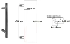 Poignée de tirage Carrée 30x30 mm - Entraxe500 - S90 - A75 - L650 mm - incliné 45 - INOX 304 Laqué RAL 9005 Noir Mat