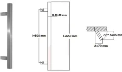 Poignée de tirage Carrée 30x30 mm - Entraxe500 - S85 - A70 - L650 mm - incliné 60 - INOX 304 poli