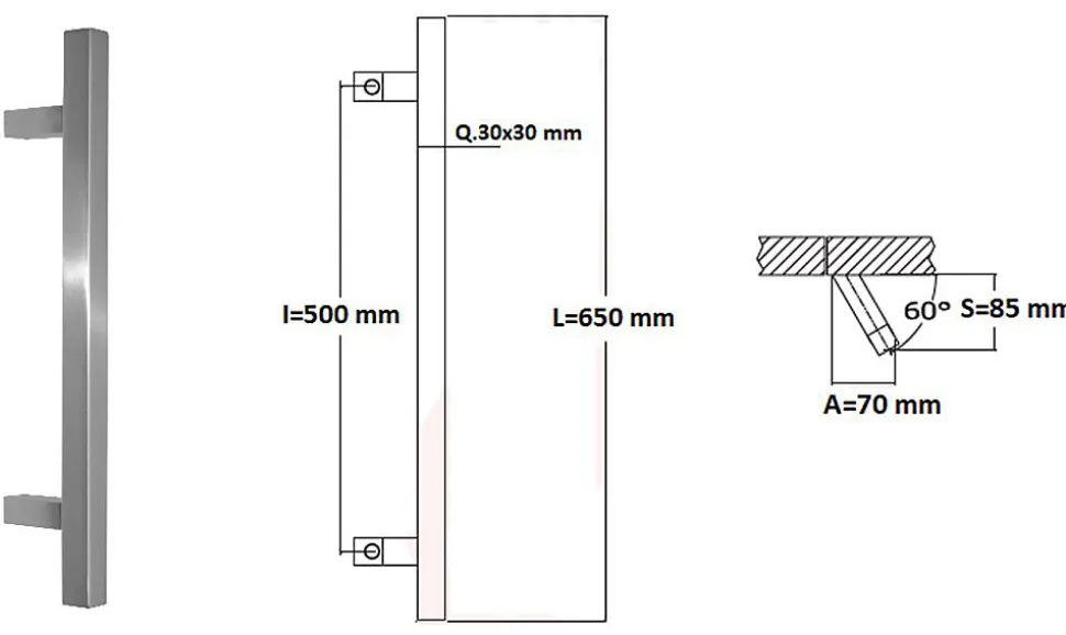 Poignée de tirage Carrée 30x30 mm - Entraxe500 - S85 - A70 - L650 mm - incliné 60 - INOX 304 poli