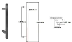 Poignée de tirage carrée 25x25 mm - Entraxe350 - S85 - A70 - L500 mm - incliné 45 - INOX 304 satiné