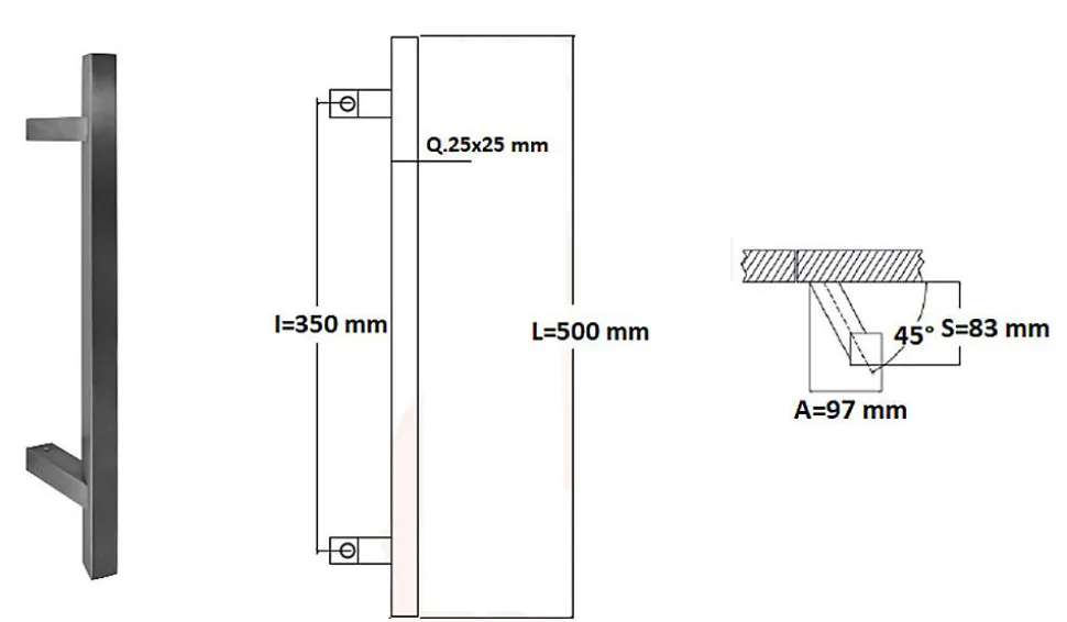 Poignée de tirage carrée 25x25 mm - Entraxe350 - S85 - A70 - L500 mm - incliné 45 - INOX 304 satiné