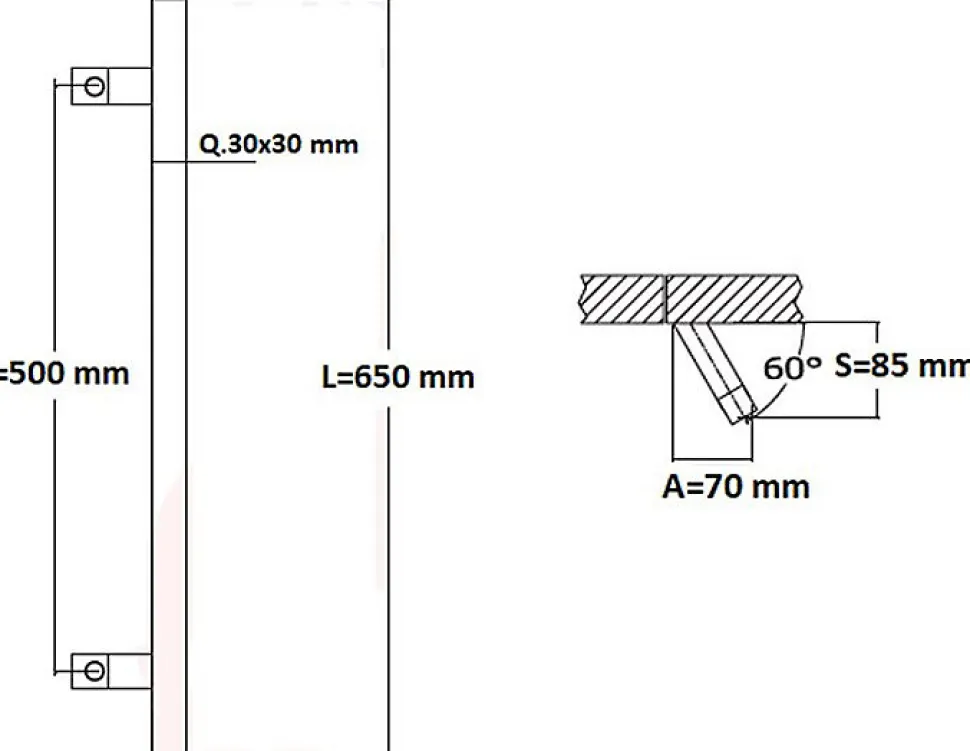 Poignée de tirage Carrée 30x30 mm - Entraxe500 - S85 - A70 - L650 mm - incliné 60 - INOX 304 Laqué RAL 9005 Noir Mat