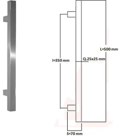 Poignée de tirage Carrée 25x25 mm - Entraxe350 - S70 - L500 mm - INOX 304 poli