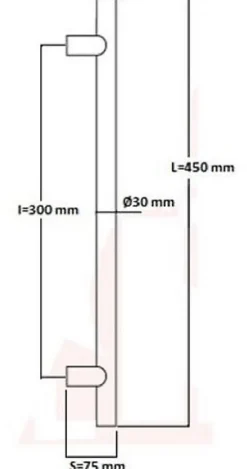 Poignée de tirage Diamètre 30 mm - Entraxe300 - S75 - L450 mm - INOX 304 Laqué RAL 9005 Noir Mat