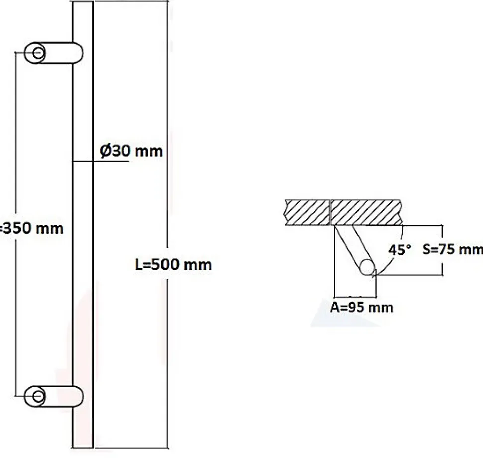 Poignée de tirage Diamètre 30 mm - Entraxe350 - S80 - A70 - L500 mm - inclinée 45 - INOX 304 Laqué RAL 9005 Noir Mat
