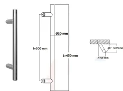 Poignée de tirage Diamètre 30 mm - Entraxe300 - S80 - A70 - L450 mm - inclinée 45 - INOX 304 satiné
