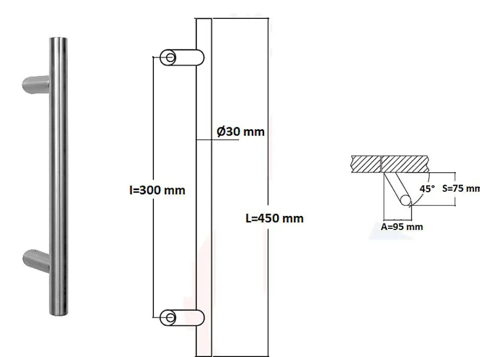 Poignée de tirage Diamètre 30 mm - Entraxe300 - S80 - A70 - L450 mm - inclinée 45 - INOX 304 satiné