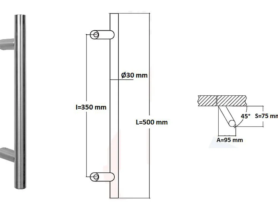 Poignée de tirage Diamètre 30 mm - Entraxe350 - S80 - A70 - L500 mm - inclinée 45 - INOX 304 poli