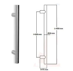 Poignée de tirage Diamètre 30 mm - Entraxe300 - S75 - L450 mm - INOX 304 poli