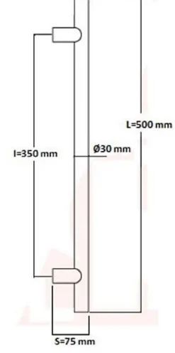 Poignée de tirage Diamètre 30 mm - Entraxe350 - S75 - L500 mm - INOX 304 Laqué RAL 9005 Noir Mat