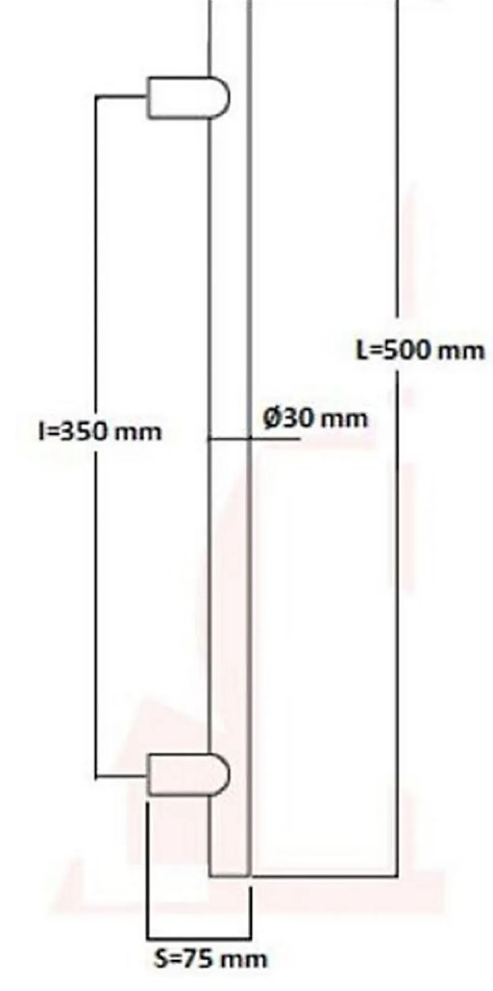 Poignée de tirage Diamètre 30 mm - Entraxe350 - S75 - L500 mm - INOX 304 Laqué RAL 9005 Noir Mat