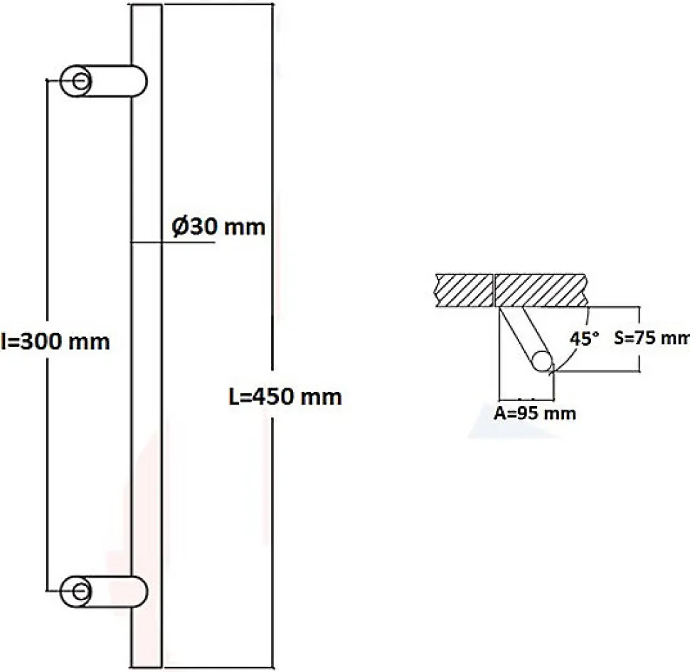 Poignée de tirage Diamètre 30 mm - Entraxe300 - S80 - A70 - L450 mm - inclinée 45 - INOX 304 Laqué RAL 9005 Noir Mat
