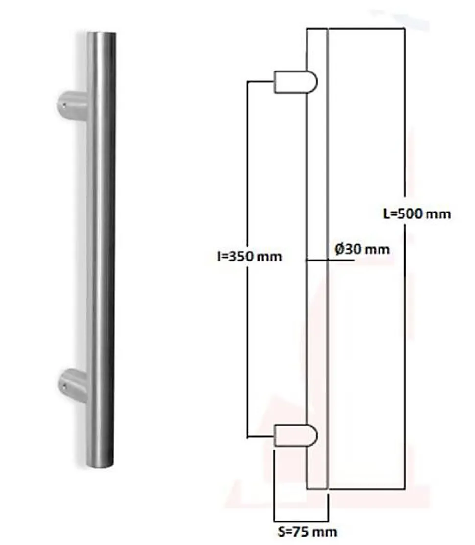 Poignée de tirage Diamètre 30 mm - Entraxe350 - S75 - L500 mm - INOX 304 satiné