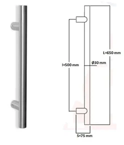 Poignée de tirage Diamètre 30 mm - Entraxe500 - S75 - L650 mm - INOX 304 poli