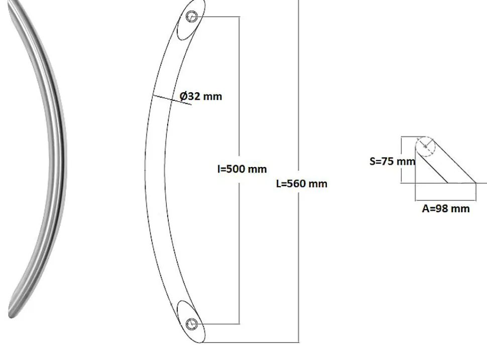 Poignée de tirage Diamètre 32 mm - Entraxe500 mm - INOX 304 Laqué RAL 9005 Noir Mat