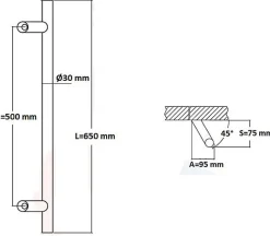 Poignée de tirage Diamètre 30 mm - Entraxe500 - S80 - A70 - L650 mm - inclinée 45 - INOX 304 Laqué RAL 9005 Noir Mat