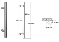 Poignée de tirage Diamètre 30 mm - Entraxe500 - S80 - A70 - L650 mm - inclinée 45 - INOX 304 Laqué RAL 9005 Noir Mat