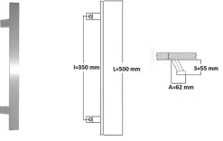 Poignée de tirage, inclinée 60, Rectangle 40x10 mm Entraxe 350 S 55 A 62 L 500 mm INOX 304 Laqué RAL 9005 Noir Mat