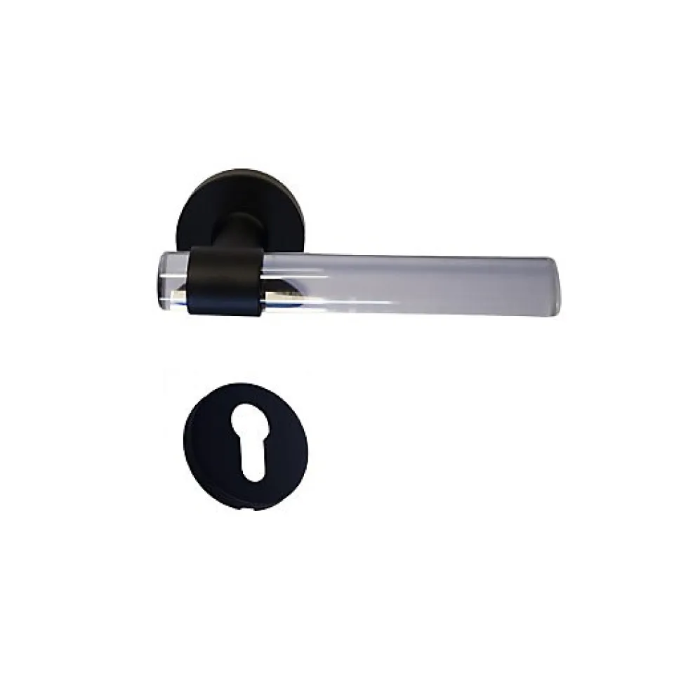 Poignées de porte "JOY" INCOLORE Plexiglass Cristalline Pied Inox Noir - +1 Paire de rosaces cylindre
