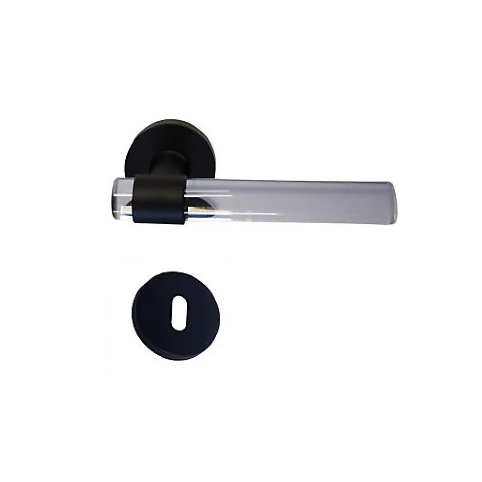 Poignées de porte "JOY" INCOLORE Plexiglass Cristalline Pied Inox Noir - +1 Paire de rosaces à trou de clé