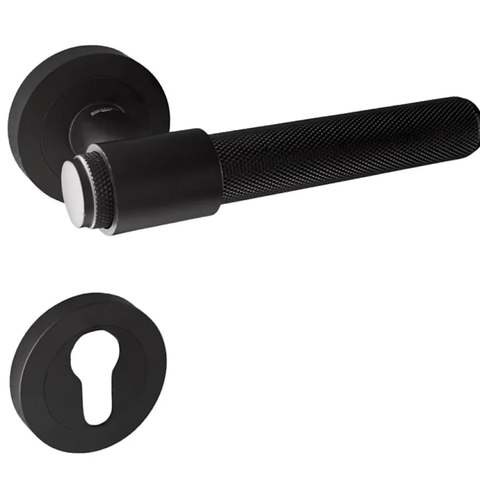 Poignées de porte sur rosace ronde noir mat industriel - Modèle Ema Trou de cylindre i